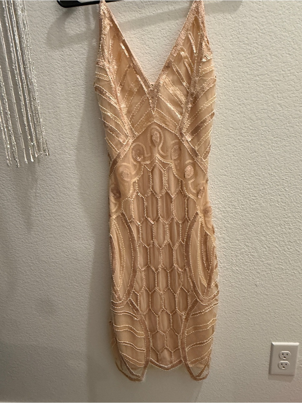 Beaded V-Neck Midi Dress in Nude